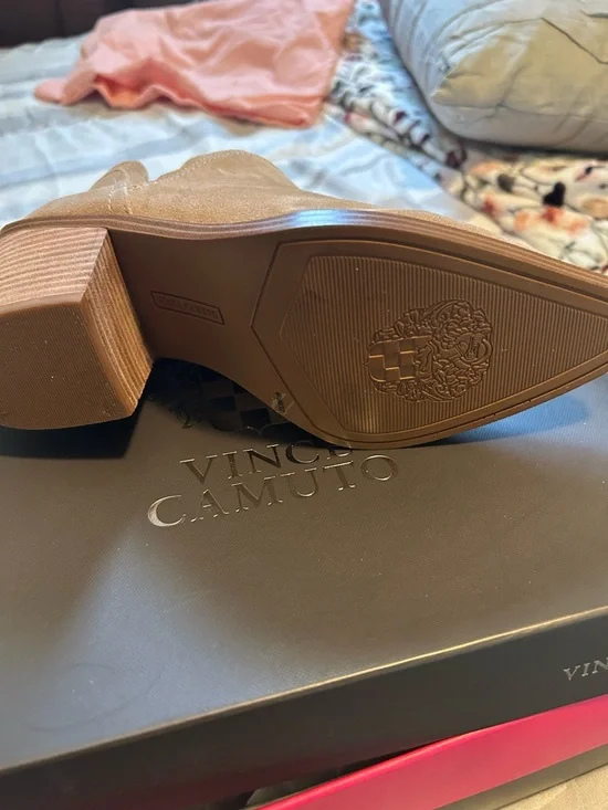 Vince Camuto Tan Suede Ankle Booties with Stacked Heel - Picture 3 of 3